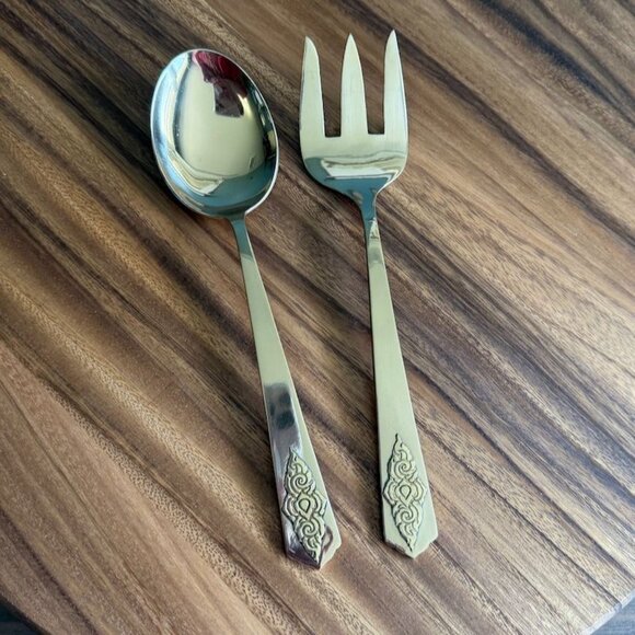 Star Of Siam Gold-Tone Serving Spoon & Fork Set With Ornate Handles - Picture 1 of 10